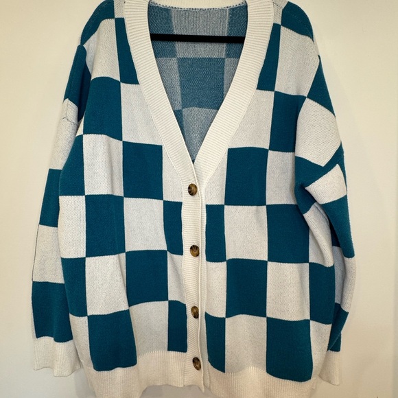 Blue and White Checkered Women's Sweater - Picture 6 of 11